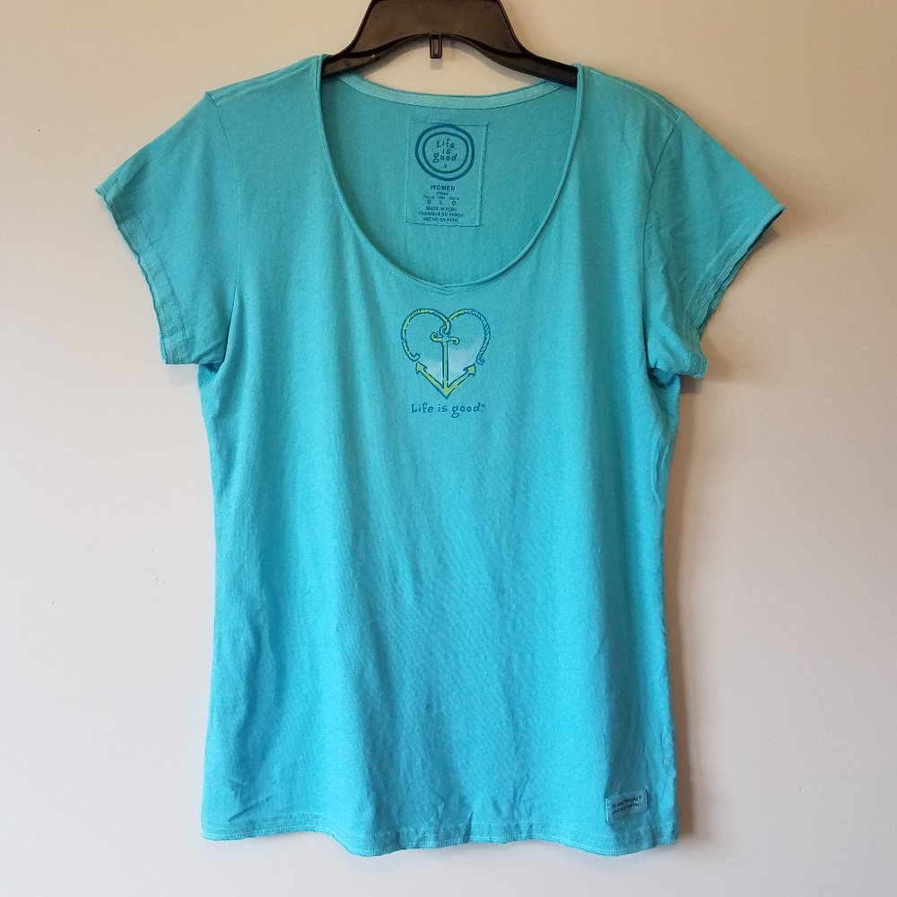 Life is Good V Neck Blue Tee Anchored Heart Large